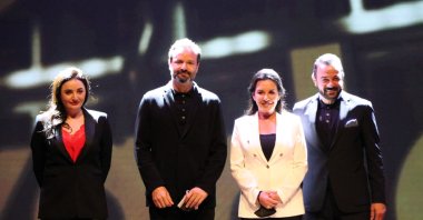 Jury members Fadik Sevin Atasoy (2nd L), Timür Savcı (L), Perihan Savaş (R), Kerem Alışık (2nd R), pose for a photo at the 6th Golden Baklava Film Academy International Student Film Festival, Gaziantep, Turkey, April 9, 2021. (AA Photo)