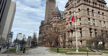 A Canadian flag flies at half-mast outside Old City Hall in Toronto after Britain's Prince Philip died at the age of 99. Toronto, Canada, April 9, 2021. (Reuters Photo)