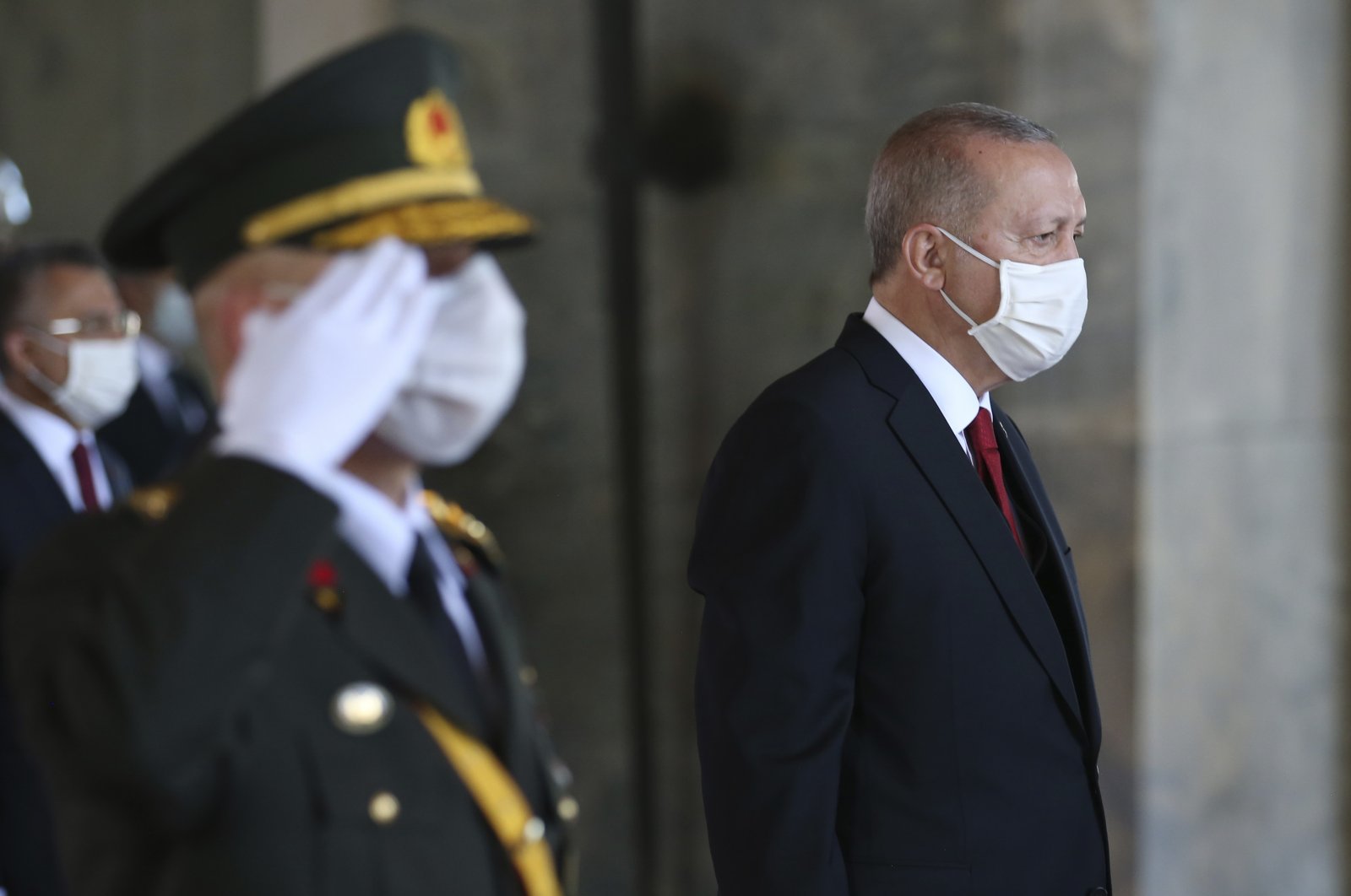 President Recep Tayyip Erdoğan (R) stands with a general during a ceremony at the mausoleum of Mustafa Kemal Atatürk, founder of the Republic of Turkey, in Ankara, Turkey, Aug. 30, 2020. (AP Photo)
