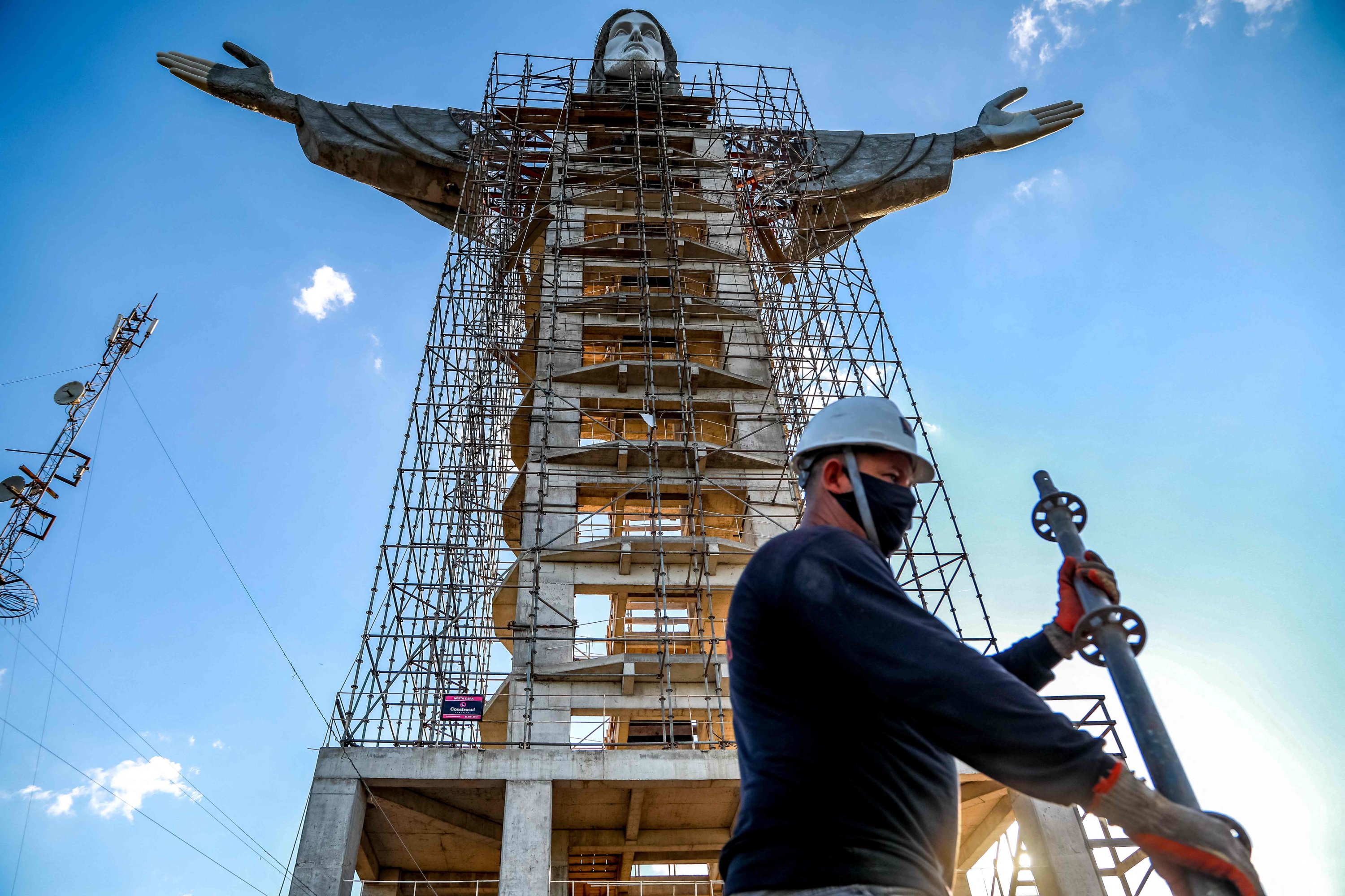 A worker is seen in front of the Christ statue being built in Encantado, Rio Grande do Sul state, Brazil, April 9, 2021. (AFP Photo)