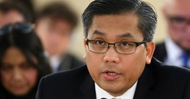 Myanmar's ambassador Kyaw Moe Tun addresses the Human Rights Council at the United Nations in Geneva, Switzerland, March 11, 2019. (Reuters)