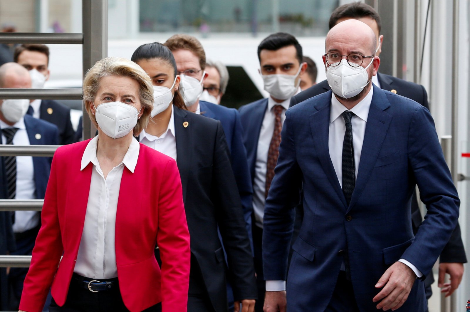 European Commission President Ursula von der Leyen (L) and European Council President Charles Michel arrive at a news conference after their meeting with President Recep Tayyip Erdoğan in Ankara, Turkey, April 6, 2021. (Reuters Photo)