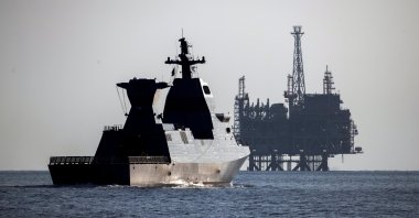 Israel's Saar-6 corvette, a warship dubbed "Shield," cruises near the production platform of the Leviathan natural gas field after a welcoming ceremony by the Israeli navy marking its arrival in the Mediterranean Sea off the coast of Haifa, northern Israel, Dec. 1, 2020. (Reuters Photo)