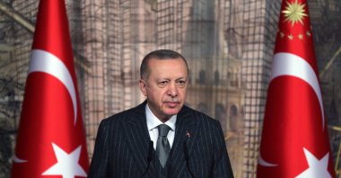 President Recep Tayyip Erdoğan speaks in a meeting with the women's branch of the Union of International Democrats (UID) in Istanbul, Turkey, April 11, 2021. (AA)