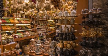 Big variety of spices, tea dishes and kitchen accessories are seen at a shop inside Spice Bazaar, Istanbul, Turkey, Oct. 15, 2019. (Photo by Getty Images)