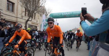 Riders at the start line of the 56th Presidential Cycling Tour of Turkey at Mevlana Square, Konya, central Turkey, April 11, 2021.