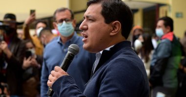 Ecuadorian presidential candidate Andres Arauz speaks at a polling station during the presidential runoff election in the capital Quito, Ecuador, April 11, 2021. (AFP Photo)