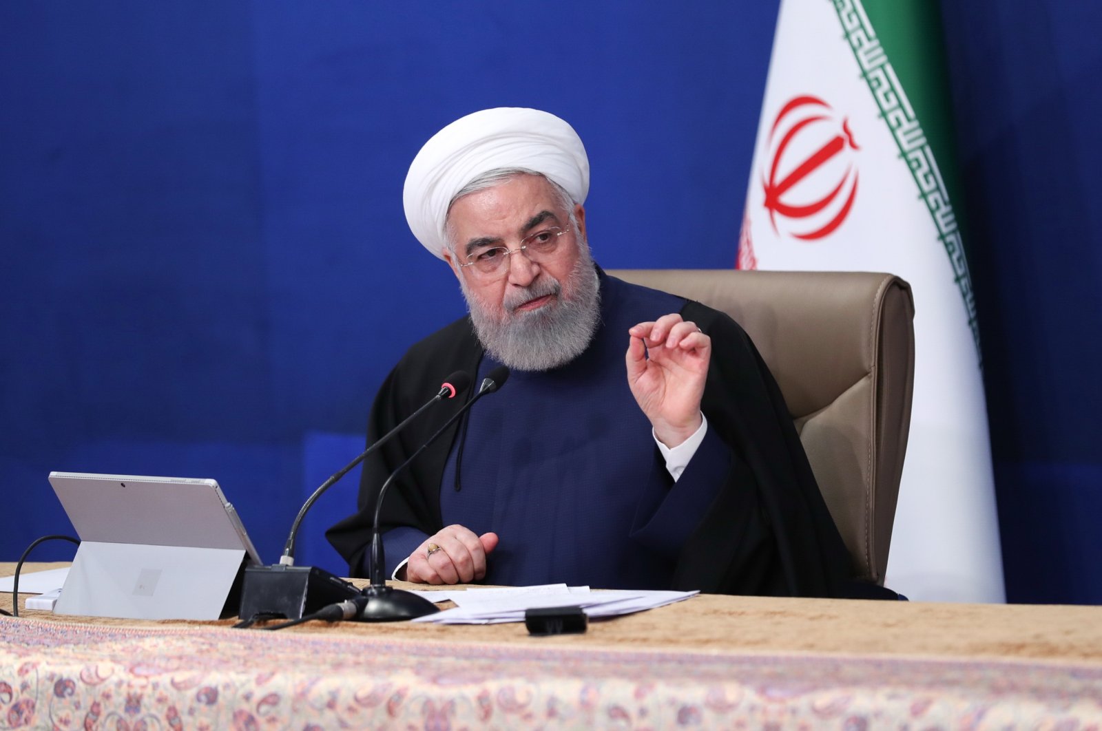 Iranian President Hassan Rouhani speaking during a cabinet meeting in Tehran, Iran, April 7, 2021. (A handout photo made available by the Iranian Presidential Office/EPA Photo)