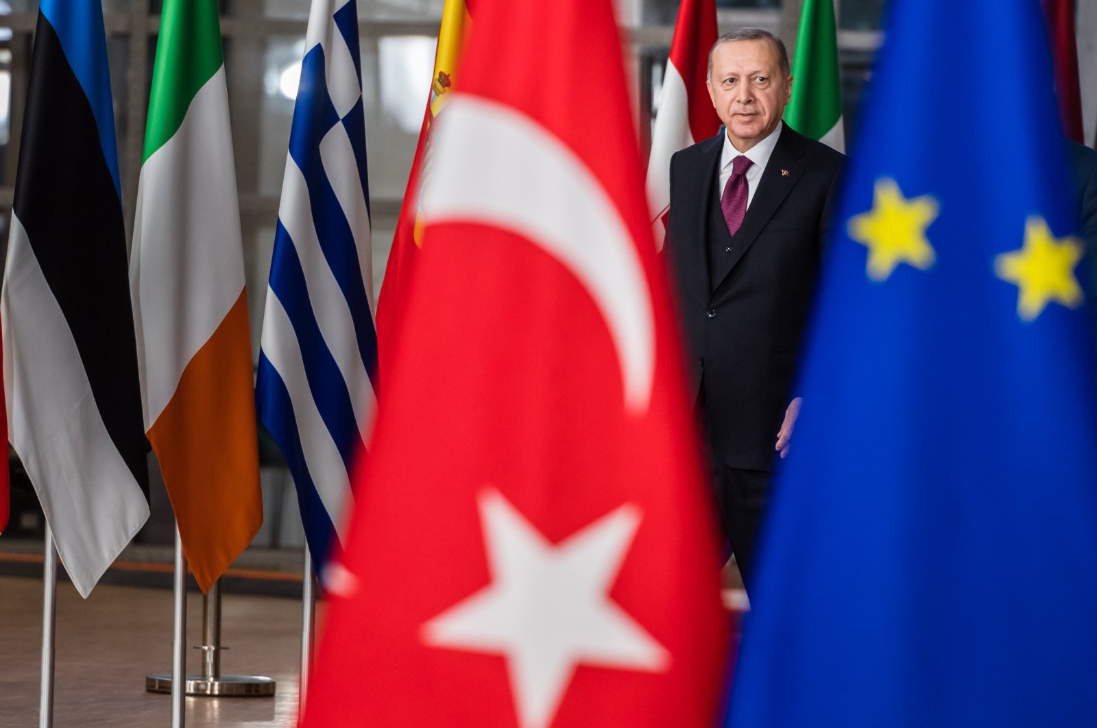 President Recep Tayyip Erdoğan arrives ahead of talks in Brussels, Belgium, March 9, 2020. (Photo by Getty Images)