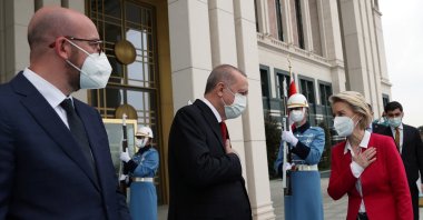 President Recep Tayyip Erdoğan (C) meets with European Council President Charles Michel (L) and European Commission President Ursula von der Leyen, in Ankara, Turkey, April 6, 2021. (Reuters Photo)