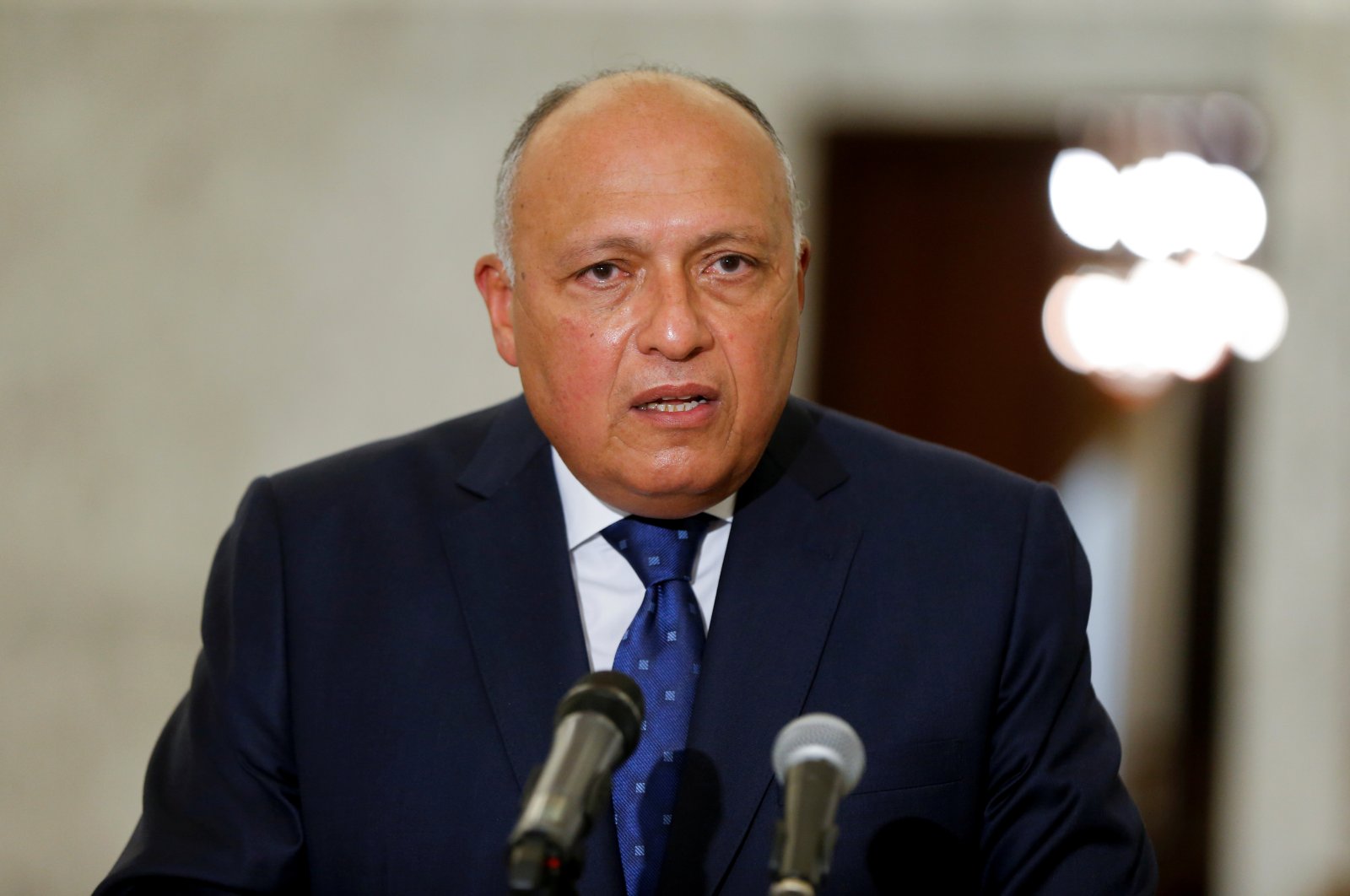 Egyptian Foreign Minister Sameh Shoukry speaks after meeting with Lebanon's President Michel Aoun at the Presidential Palace in Baabda, Lebanon, April 7, 2021. (Reuters File Photo)
