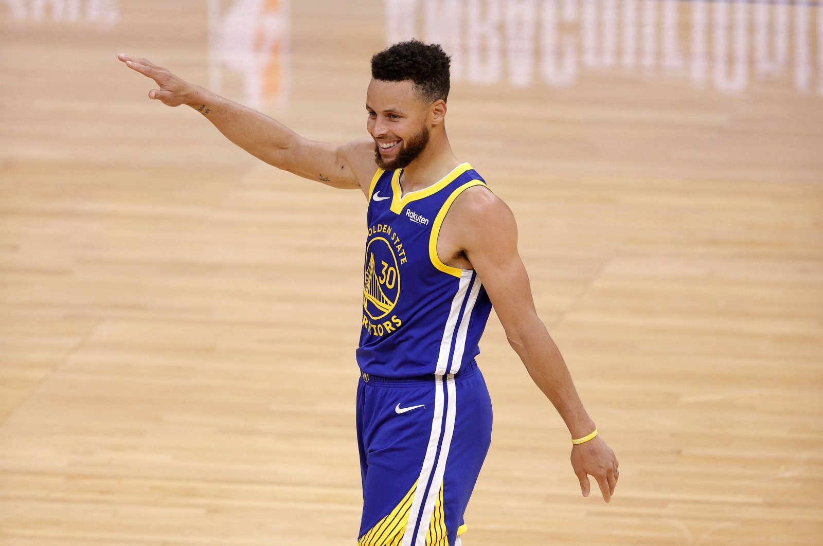 Golden State Warriors' Stephen Curry reacts after the Warriors made a basket against the Denver Nuggets at Chase Center, San Francisco, California, April 12, 2021. (AFP Photo)