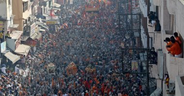 Naga Sadhus, or Hindu holy men, participate in a procession to take a dip in the Ganges during Shahi Snan at "Kumbh Mela," or the Pitcher Festival, amid the coronavirus pandemic, in Haridwar, India, April 14, 2021. (Reuters Photo)