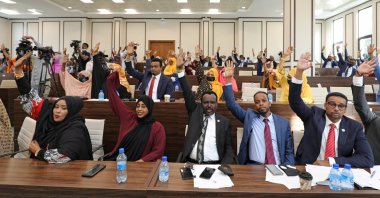 Somali legislators of the lower house of parliament raise their hands to vote to extend President Mohamed Abdullahi Mohamed's term for another two years to let the country prepare for direct elections, in Mogadishu, Somalia, April 12, 2021. (Reuters Photo)