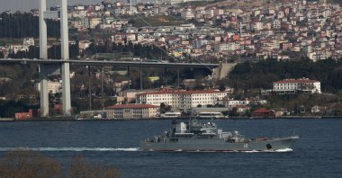 The Russian Navy's large landing ship Novocherkassk sets sail in the Bosporus on its way to the Mediterranean Sea, in Istanbul, Turkey, April 12, 2021. (Reuters Photo)