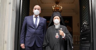 Greek Foreign Minister Nikos Dendias meets with Fener Greek Orthodox Patriarch Bartholomew I in Istanbul, Turkey, April 14, 2021. (DHA)