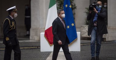Italian Prime Minister Mario Draghi arrives at Palazzo Chigi for a formal handover ceremony and the first ministry council meeting of the new Italian government, Rome, Italy, Feb. 13, 2021. (Photo by Getty Images)