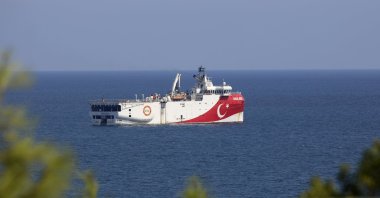 Turkey's research vessel Oruç Reis anchored in the Mediterranean off the coast of Antalya, Turkey, Sept. 13, 2020. (AP Photo)