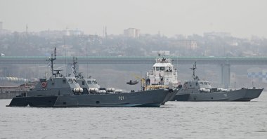 Landing crafts of the Russian Navy's Caspian Flotilla are pictured on the Don River during the inter-fleet move from the Caspian Sea to the Black Sea, on the outskirts of Rostov-on-Don, Russia, April 12, 2021. (Reuters Photo)