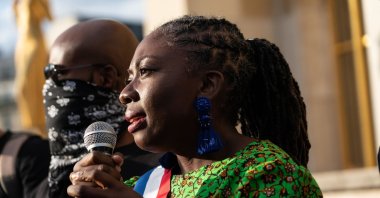 Daniele Obono at the microphone during a support rally organized for her at the Trocadero, Paris, France, on Sept. 5, 2020. (Reuters Photo)