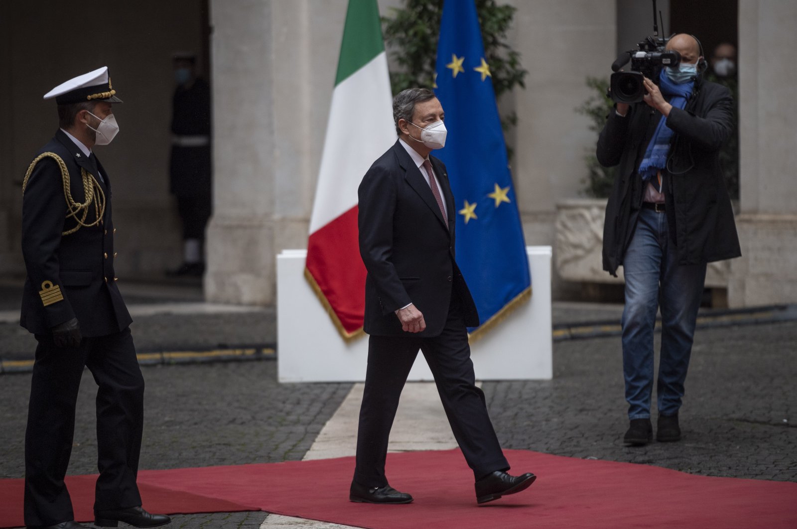 Italian Prime Minister Mario Draghi arrives at Palazzo Chigi for a formal handover ceremony and the first ministry council meeting of the new Italian government, Rome, Italy, Feb. 13, 2021. (Photo by Getty Images)