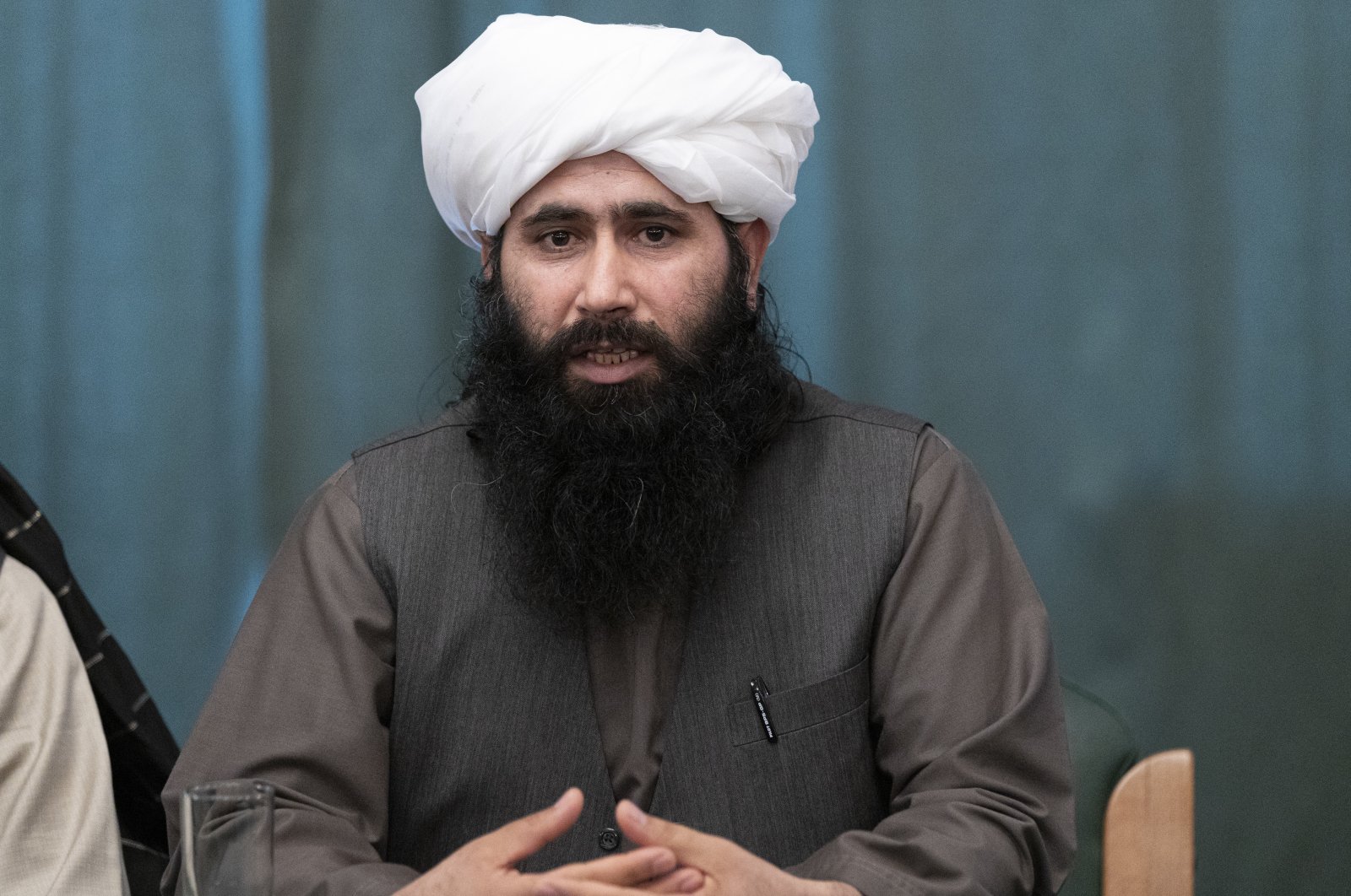 Mohammad Naeem, spokesperson for the Taliban's political office, during a news conference in Moscow, Russia, March 19, 2021. (AP Photo)