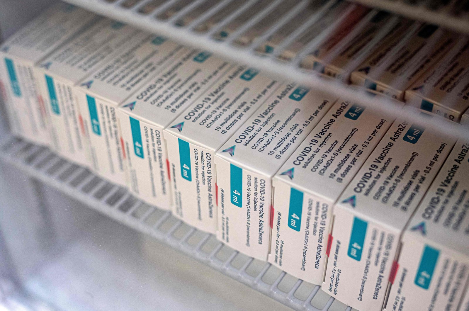 Packets of the AstraZeneca/Oxford Covid-19 vaccine, destined for housebound patients, are pictured in the fridge at Stubley Medical Centre near Chesterfield, central England, on April 14, 2021. (AFP Photo)
