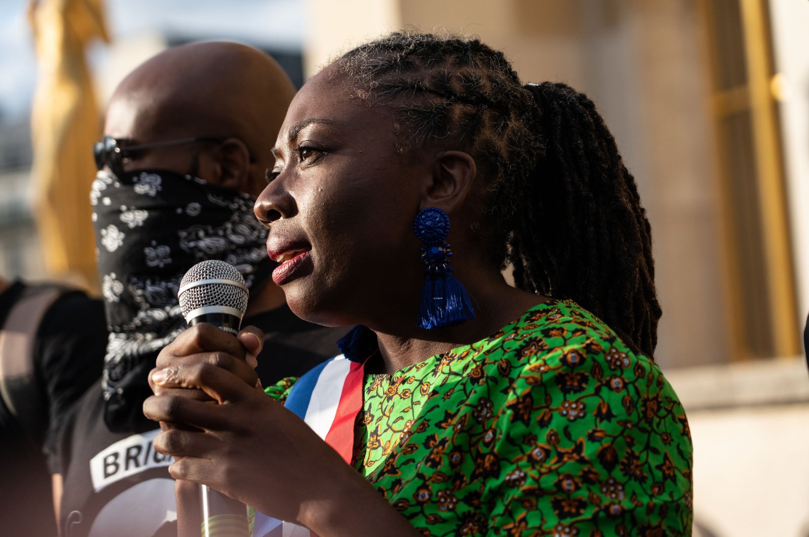 Daniele Obono at the microphone during a support rally organized for her at the Trocadero, Paris, France, on Sept. 5, 2020. (Reuters Photo)
