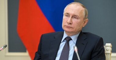 Russian President Vladimir Putin attends a session of the Russian Geographical Society via video link in Moscow, Russia, April 14, 2021. (AP Photo)