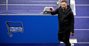 Hertha's head coach Pal Dardai reacts after a Bundesliga match against Borussia Moenchengladbach, Berlin, Germany, April 10, 2021. (EPA Photo)