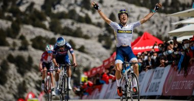 Spanish rider Jose Manuel Diaz celebrates winning the 160.3-kilometer fifth stage of the 56th Presidential Cycling Tour of Turkey, Elmalı, southern Turkey, April 15, 2021.