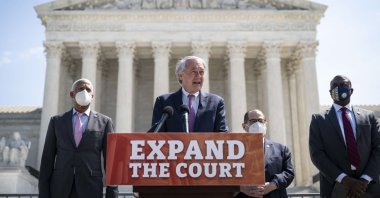 (L-R) Rep. Hank Johnson (D-GA), Sen. Ed Markey (D-MA), House Judiciary Committee Chairman Rep. Jerrold Nadler (D-NY) and Rep. Mondaire Jones (D-NY) hold a press conference to announce legislation to expand the number of seats from nine to 13 on the Supreme Court, in front of the U.S. Supreme Court, Washington, D.C., the U.S., April 15, 2021. (AFP Photo)