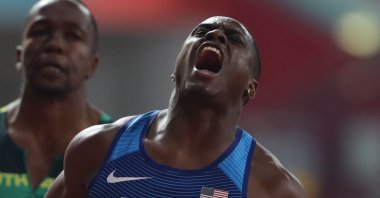 USA's Christian Coleman reacts as he wins the Men's 100-meter final at the 2019 IAAF World Athletics Championships at the Khalifa International Stadium, Doha, Qatar, Sept. 28, 2019. (AFP Photo)