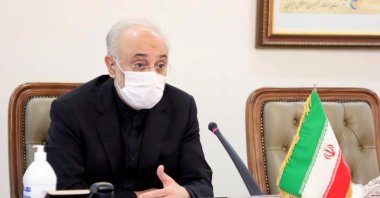 Head of Iran's Atomic Energy Organization Ali-Akbar Salehi wears a mask as he speaks during a meeting with International Atomic Energy Agency (IAEA) Director General Rafael Grossi, in Tehran, Iran, August 25, 2020. (Reuters Photo)