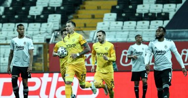 MKE Ankaragücü footballer Emre Güral sprints to the middle of the field with the ball after his team scored a penalty goal against Beşiktaş in a match that ended 2-2 at the Vodafone Arena, Istanbul, Turkey, April 16, 2021. (AA Photo)