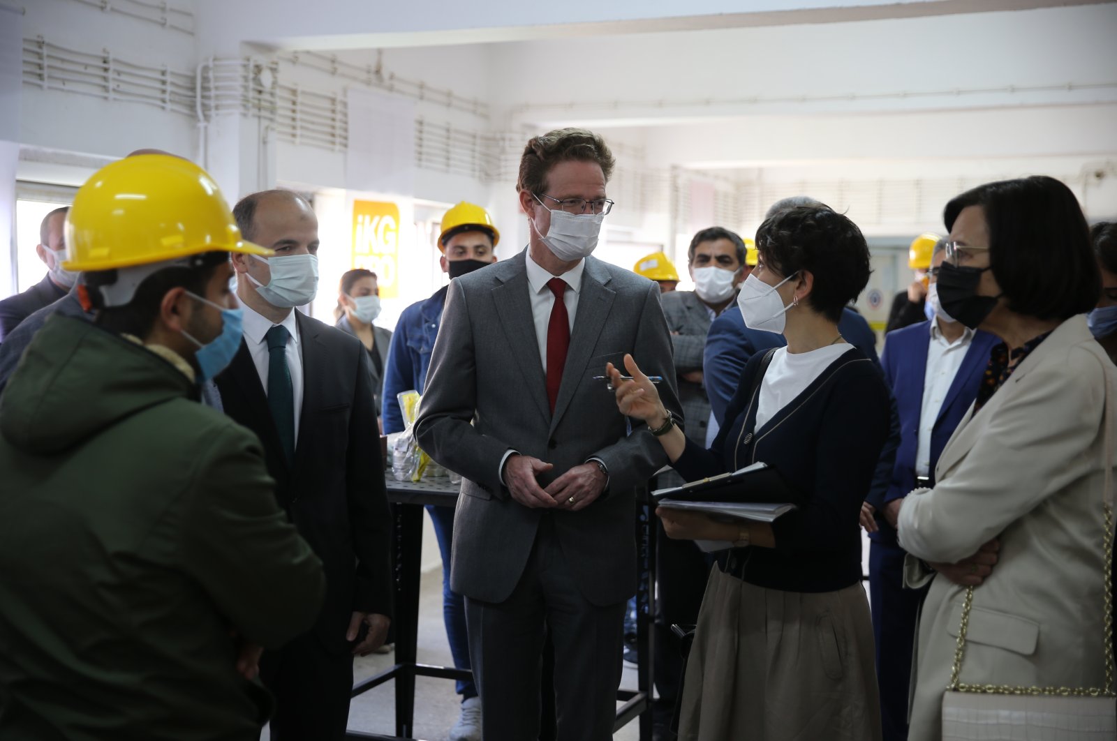 EU head of delegation to Turkey Nikolaus Meyer-Landrut meeting vocational high school students training in "interior natural gas piping" as part of the "Technical Assistance Project for Encouraging Youth Employment in the TRC3 Region" project in Mardin, Turkey, April 16, 2021. (AA Photo)