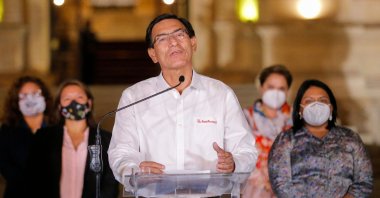 Peruvian President Martin Vizcarra gives a farewell statement to the press before leaving the presidential palace in Lima, following his impeachment by an overwhelming majority Congress vote during a second political trial against him in less than two months, Lima, Peru, Nov. 09, 2020. (AFP Photo)