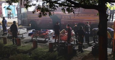 Hospital staff prepare to evacuate patients on stretchers at the Charlotte Maxeke Hospital in Johannesburg, South Africa, April 17, 2021. (AP Photo)