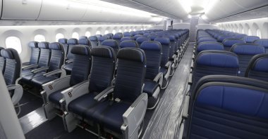 Economy class seating on a new United Airlines Boeing 787-9 undergoing final configuration and maintenance work at Seattle-Tacoma International Airport in Seattle, Washington, the U.S., Jan. 26, 2016. (AP Photo)
