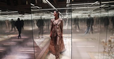 A model wears a creation for Fendi's Spring-Summer 2021 Haute Couture fashion collection presented in Paris, France, Jan. 27, 2021. (AP Photo)