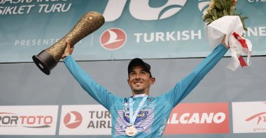 Delko's Spanish cyclist Jose Manuel Diaz Gallego celebrates winning the 56th Presidential Cycling Tour of Turkey, Kuşadası, western Turkey, April 18, 2021.