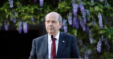 TRNC President Ersin Tatar speaks at a joint news conference with Turkish Foreign Minister Mevlüt Çavuşoğlu in Lefkoşa, TRNC, April 16, 2021. (AA Photo)