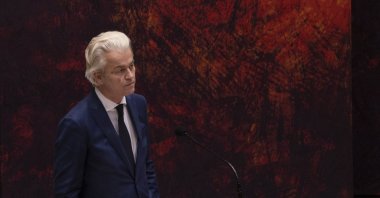 Far-right Dutch lawmaker Geert Wilders reacts during a debate in parliament in The Hague, Netherlands, April 2, 2021. (AP Photo)