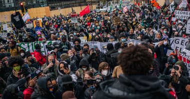 Local organizer Brandyn Tulloch speaks to the crowd during a demonstration in Minneapolis, Minnesota, U.S., April 19, 2021  (Brandon Bell/Getty Images/AFP)
