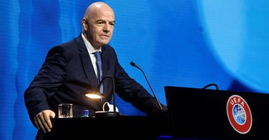 FIFA President Gianni Infantino addresses the UEFA Congress in Montreux, Switzerland, April 20, 2021. (UEFA/AFP Photo)