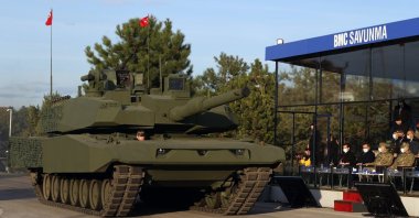 A Leopard 2A4 platform, but replaced with the turret developed for the Turkish Altay main battle tank, is shown at the Sakarya facility of leading land vehicle manufacturer, BMC, Sakarya, northwestern Turkey, Jan. 25, 2021. (DHA Photo)