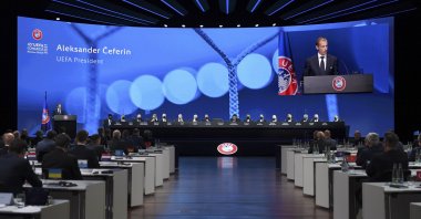UEFA President Aleksander Ceferin speaks during the 45th UEFA Congress in Montreux, Switzerland, April 20, 2021. (UEFA via AP)