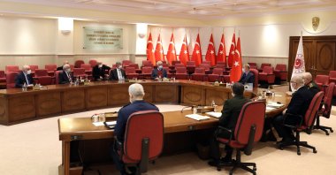 TUSED officials are seen during a visit to Defense Minister Hulusi Akar in Defense Ministry, Ankara, Turkey, April 5, 2021. (AA)
