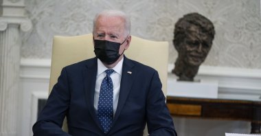 U.S. President Joe Biden speaks during a meeting with members of the Congressional Hispanic Caucus, in the Oval Office of the White House, Washington, U.S., Tuesday, April 20, 2021. (AP Photo)