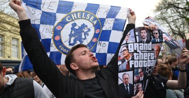 Chelsea fans stage a demonstration against the European Super league before the English Premier League soccer match between Chelsea FC and Brighton & Hove Albion FC in London, Britain, April 20, 2021. (EPA Photo)